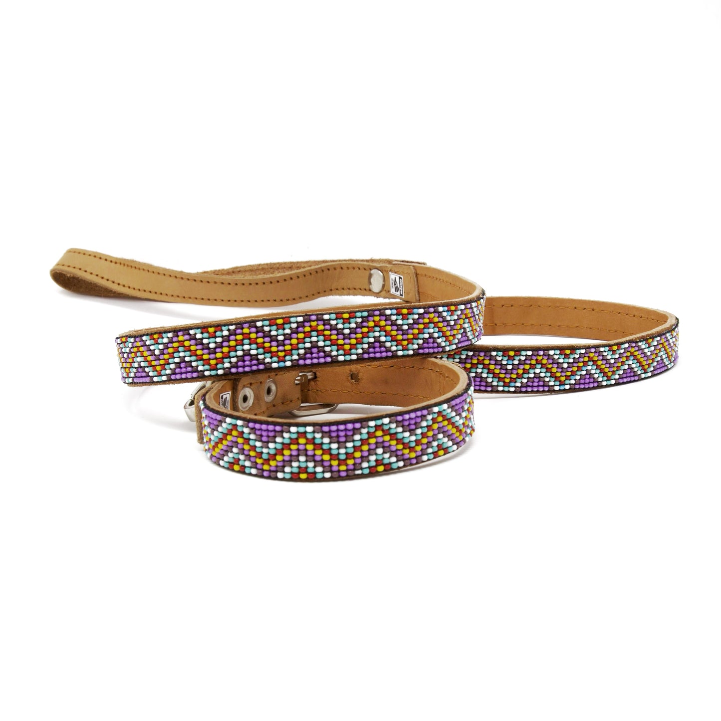 Zig Zag Beaded Handmade Leather Collar & Leash Set - Mini