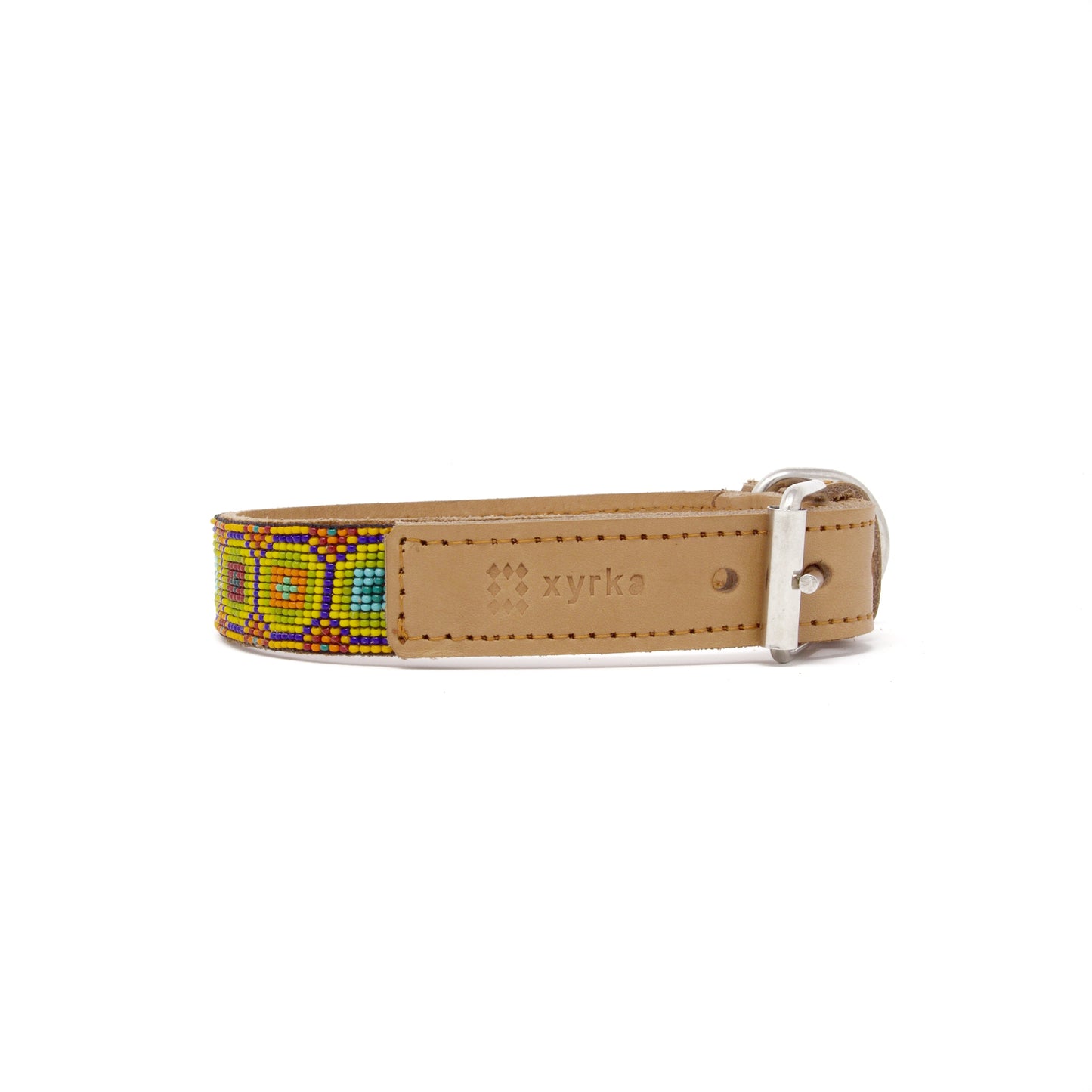 Rounded Square Beaded Handmade Leather Dog Collar - Medium